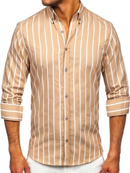 Béžová pánska pruhovaná košeľa s dlhými rukávmi Bolf 20730