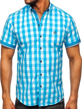 Blankytne modrá pánska károvaná košeľa s krátkymi rukávmi Bolf 4508