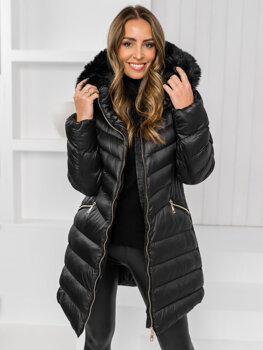 Čierna dámska dlhá prešívaná zimná bunda / kabát s kapucňou Bolf 5M3162