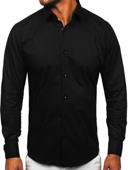 Čierna pánska bavlnená elegantná slim fit košeľa s dlhými rukávmi Bolf TSM14