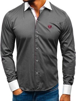 Čierna pánska elegantná prúžkovaná košeľa s dlhými rukávmi BOLF 0909-A