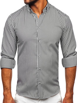Čierna pánska košeľa s dlhými rukávmi, s pruhovaným vzorom Bolf 22731