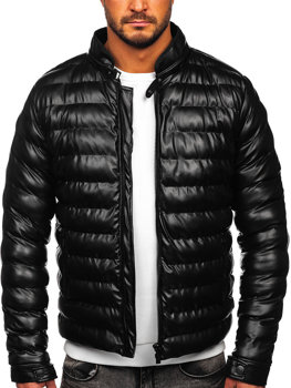 Čierna pánska prešívaná koženková zimná bunda Bolf 0021