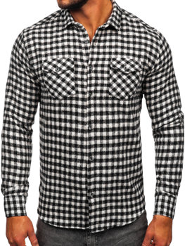 Čierno-biela pánska flanelová košeľa s károvaným vzorom a dlhými rukávmi Bolf 22701