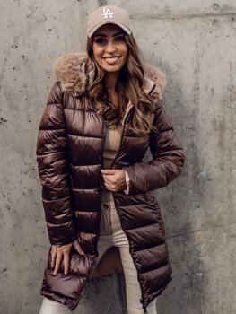 Hnedá, dlhá dámska obojstranná prešívaná zimná bunda / kabát s kapucňou Bolf B8202A