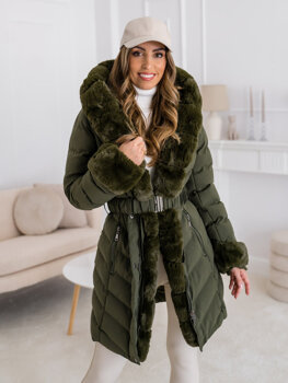 Khaki dámska dlhá prešívaná zimná bunda / kabát s kapucňou Bolf 5M3156