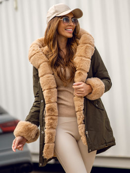 Khaki dámska zimná bunda parka s kapucňou Bolf 7033