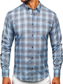 Modrá pánska košeľa s károvaným vzorom a dlhými rukávmi Bolf 22748