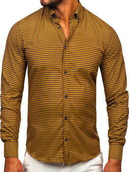 Pánska košeľa s károvaným vzorom a dlhými rukávmi vo farbe ťavej srsti Bolf 22745