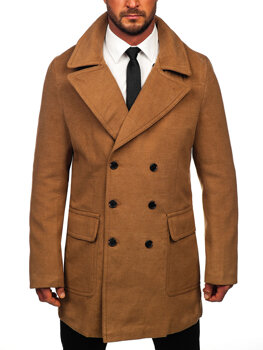 Pánsky zimný dvojradový kabát s vysokým golierom vo farbe ťavej srsti Bolf 1048C