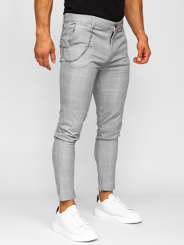 Sivé pánske látkové chino nohavice s károvaným vzorom Bolf 0063