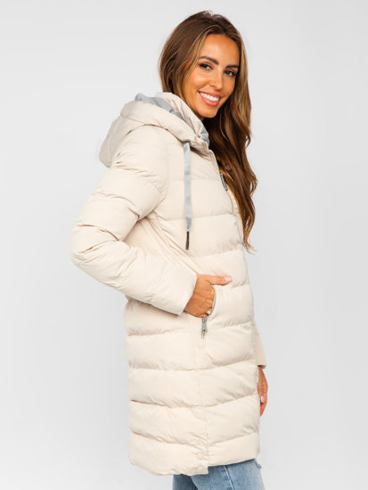 Béžová, dlhá dámska prešívaná zimná bunda s kapucňou Bolf 7081