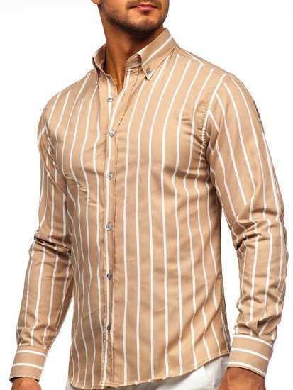 Béžová pánska pruhovaná košeľa s dlhými rukávmi Bolf 20730