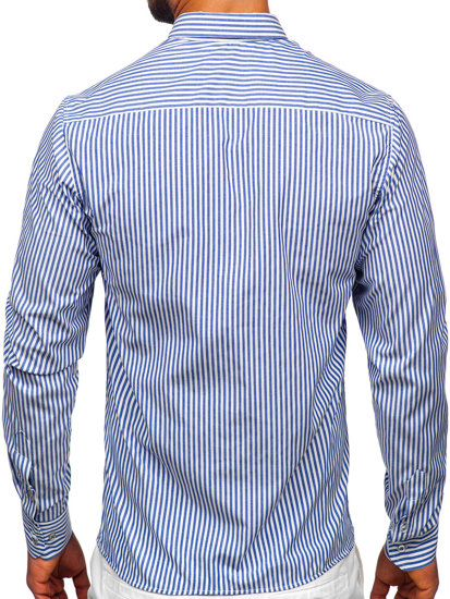 Blankytná modrá pánska košeľa s dlhými rukávmi, s pruhovaným vzorom Bolf 22731