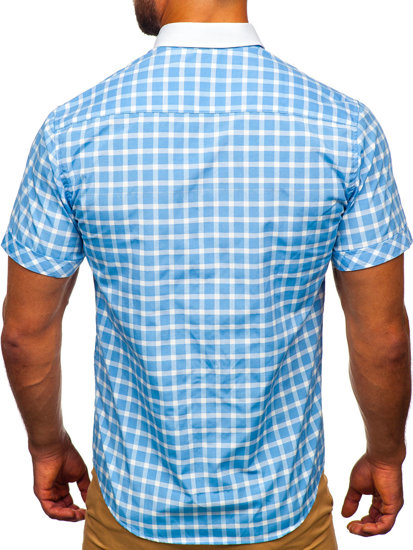 Blankytná pánska elegantná kockovaná košeľa s krátkymi rukávmi BOLF 5531