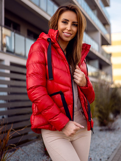 Červená dámska prešívaná zimná bunda s kapucňou Bolf 23066