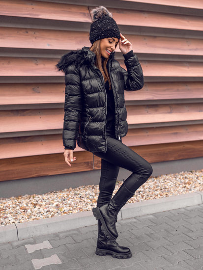 Čierna dámska prešívaná zimná bunda s kapucňou Bolf 23067