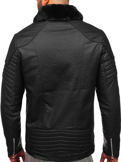 Čierna pánska koženková bunda s kožušinovým golierom Bolf 11Z8013