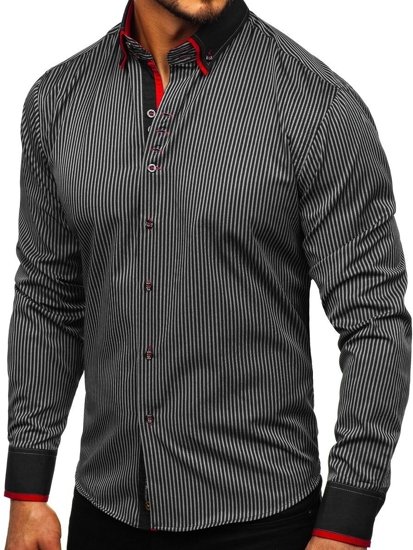 Čierna pánska prúžkovaná košeľa s dlhými rukávmi Bolf Bolf 2751