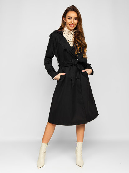 Čierny dámský dlhý trenčkot kabát s opaskom 2v1 (bunda) Bolf AG3011