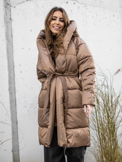 Dámska dlhá zimná bunda s kapucňou vo farbe ťavej srsti Bolf MY0363A