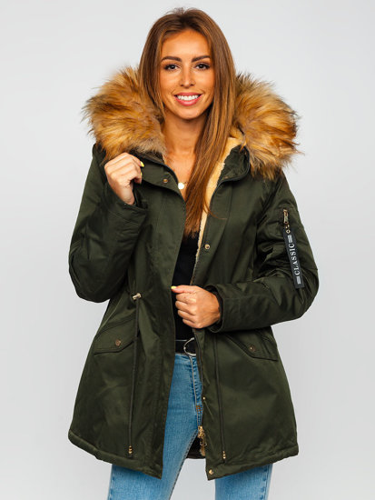 Khaki dámska zimná bunda parka s kapucňou Bolf B532
