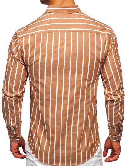 Pánska pruhovaná košeľa s dlhými rukávmi vo farbe ťavej srsti Bolf 20730
