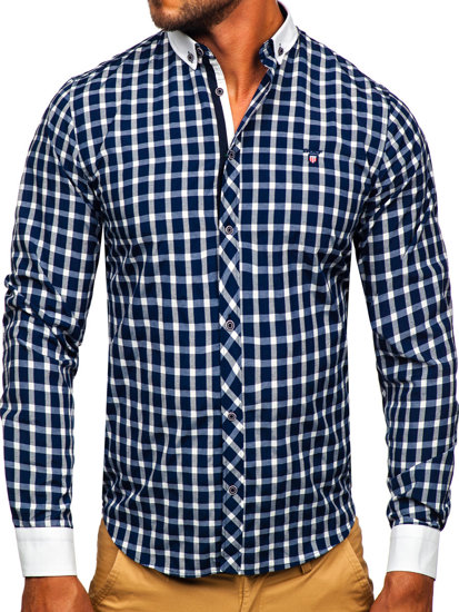 Tmavomodrá pánska elegantná košeľa s károvaným vzorom a dlhými rukávmi Bolf 5737-1