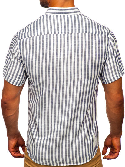 Tmavomodrá pánska pruhovaná košeľa s krátkym rukávom Bolf 21500