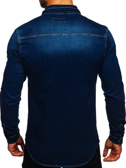 Tmavomodrá pánska riflová košeľa s dlhými rukávmi Bolf R801