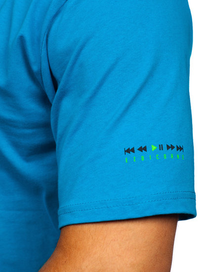 Tyrkysové pánske bavlnené tričko s potlačou Bolf 14740