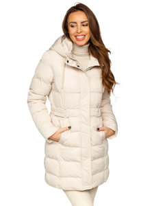 Béžová dámska dlhá prešívaná zimná bunda / kabát s kapucňou Bolf 7086