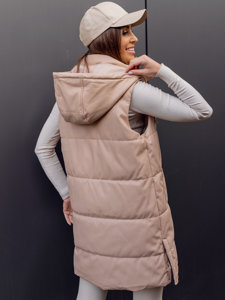 Béžová, dlhá dámska prešívaná vesta z ekologickej kože Bolf AY756
