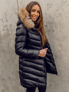 Čierna dámska dlhá zimná bunda / kabát s prírodnou kožušinou a kapucňou Bolf M688