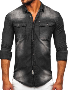 Čierna pánska riflová košeľa s dlhými rukávmi Bolf MC703N