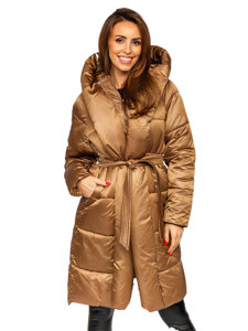 Dámska dlhá zimná bunda s kapucňou vo farbe ťavej srsti Bolf MY0363A