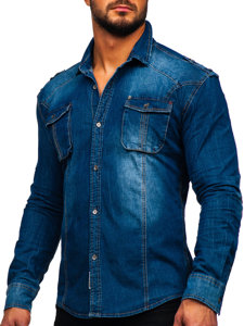 Modrá pánska riflová košeľa s dlhými rukávmi Bolf MC701B
