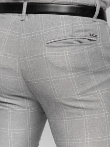 Sivo-biele pánske látkové chino nohavice s károvaným vzorom Bolf 0036